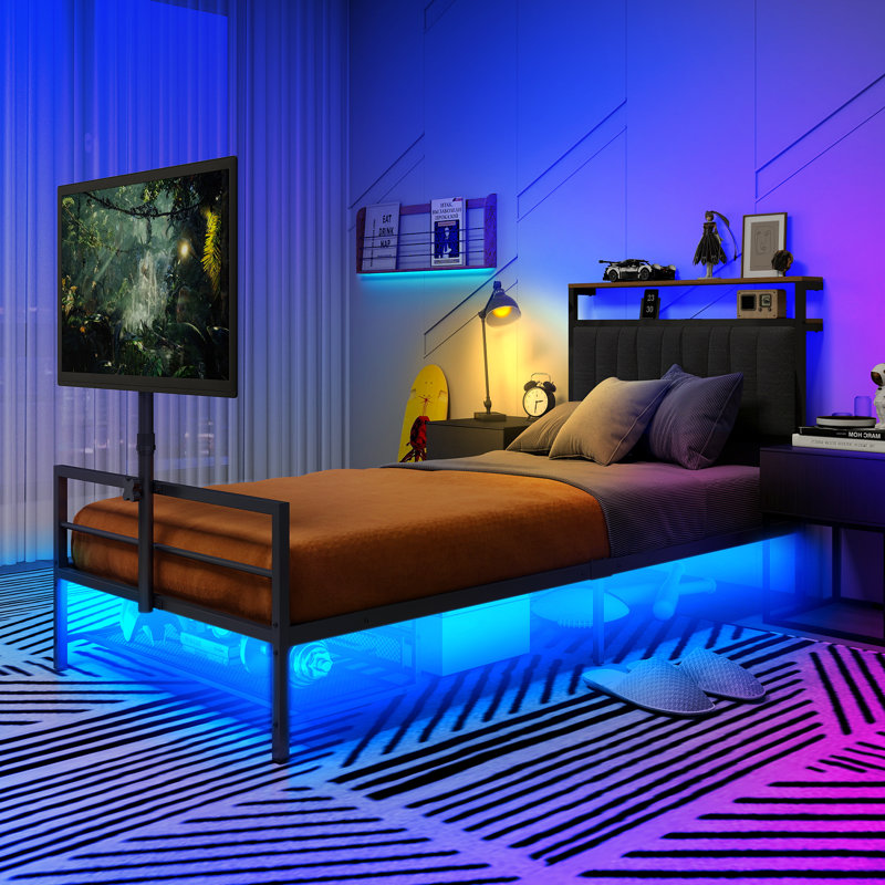 Cadre de lit de jeu avec support de télévision pivotant à 360 ° pour téléviseur de 65 po, lit plateforme en métal avec lumières DEL et station de charge, lit intelligent pour chambre d'adolescent