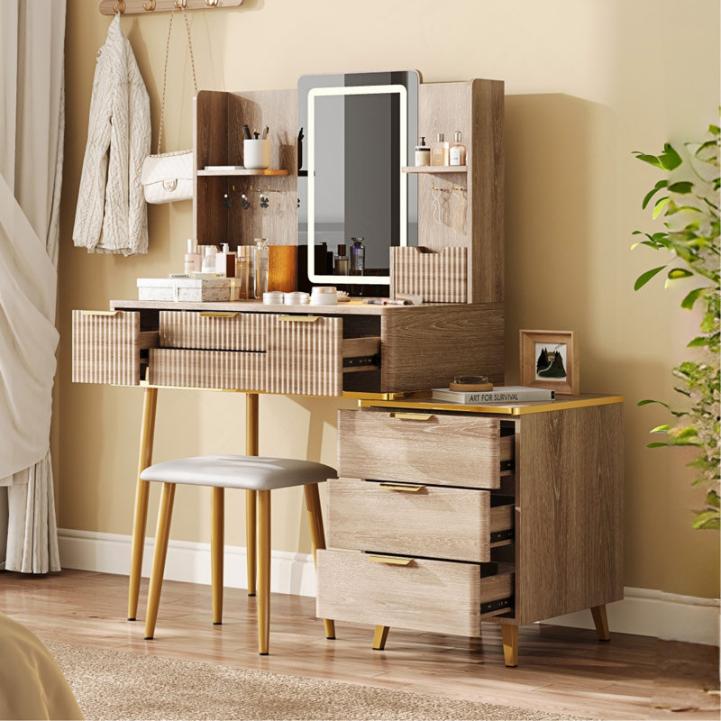 Vanity Desk With LED Mirror & Carved Details, Fluted Makeup Table With Metal Legs And PU Stool, Carved Dressing Table With Jewelry Storage For Bedroom