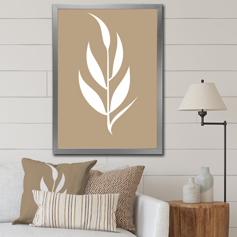 Minimal Botanicals, feuille simple sur fond beige, Cadre simple argenté, H 32 po x l 24 po x P 1 po