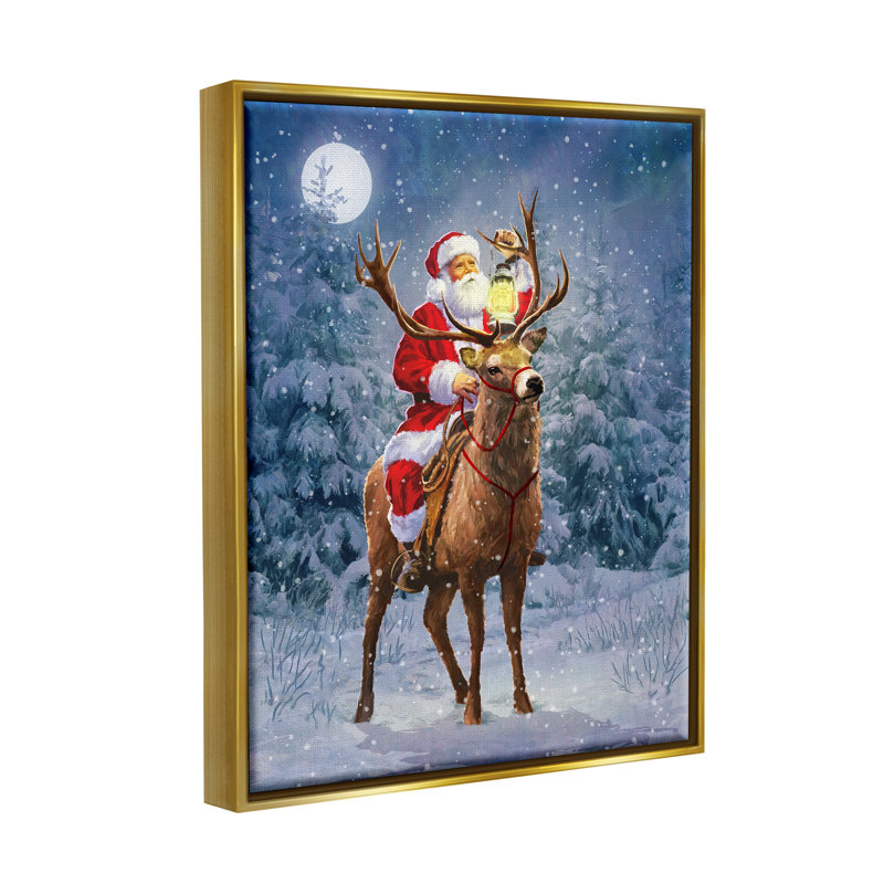 «Santa Riding Reindeer Landscape» par Pip Wilson, peinture, H 21 po x l 17 po x P 1,7 po, Cadre flottant métallique doré