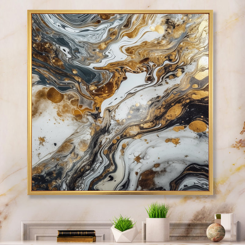 Malbon, œuvre d'art avec tourbillons de marbre III sur toile, H 36 po x l 36 po x P 1,5 po, Cadre flottant doré