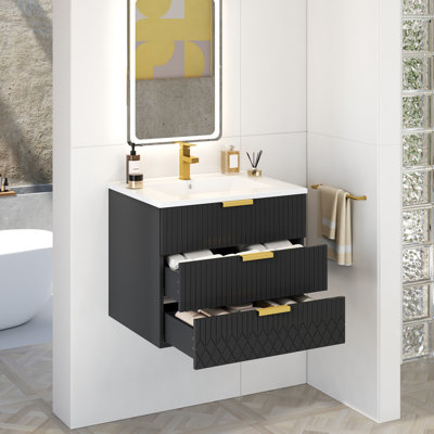 Armoire flottante murale 24 po avec tiroir double, petit lavabo de salle de bain rectangulaire flottant avec trou de robinet simple et trop-plein, armoire de salle de bain moderne avec lavabo en céramique