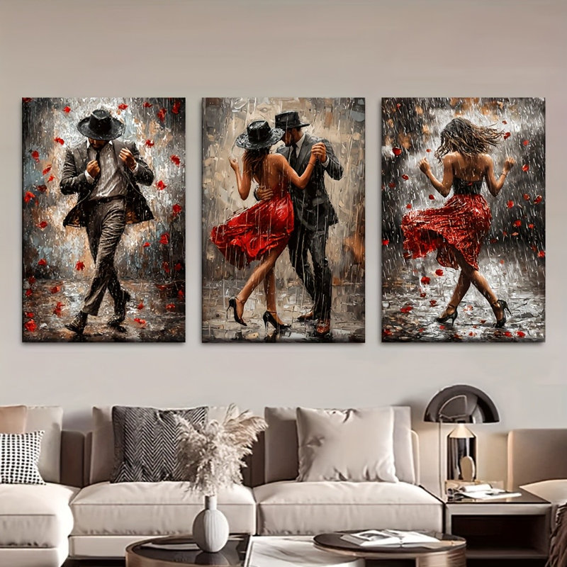 «Glam Rain Dance Couple», reproduction sur toile 3 pièces - espace de vie sophistiqué, 16 * 12 pouces 3 pièces