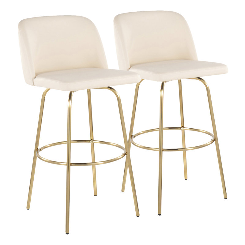 Toriano 30" Contemporary Fixed Height Barstool With Swivel In Cream Faux Leather And Gold Metal With Round Footrest By Lumisource - Set Of 2