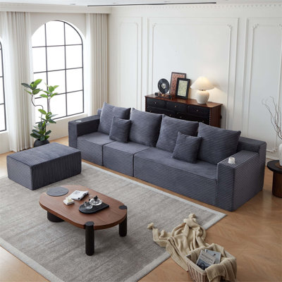 Deep Seat Corduroy Modular Cloud Couch with Cup Holders, No Assembly Required, Perfect for Comfort and Flexibility