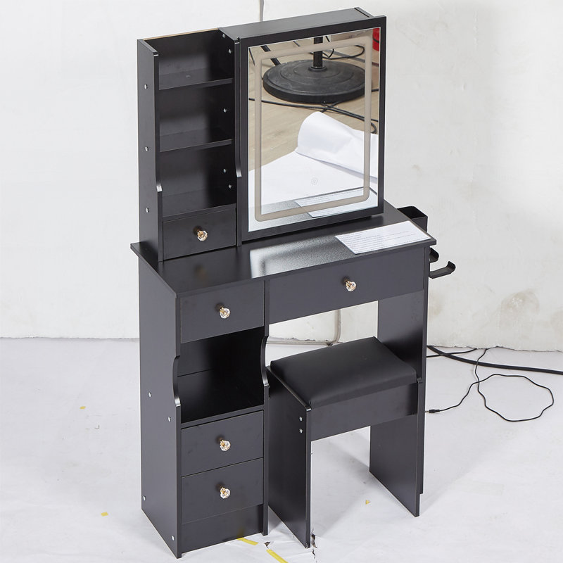 Petit bureau de coiffeuse avec miroir DEL et centrale électrique intégrée, Noir