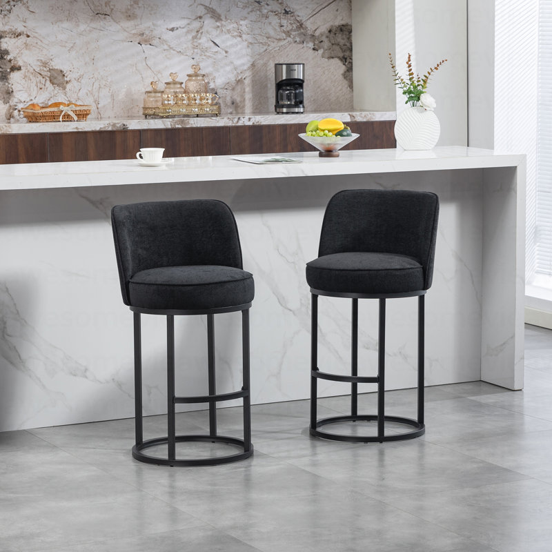 Counter Height Bar Stools Set of 2, Modern Barrel Design with Backrest, Linen Fabric Upholstered for Kitchen Island Comfort