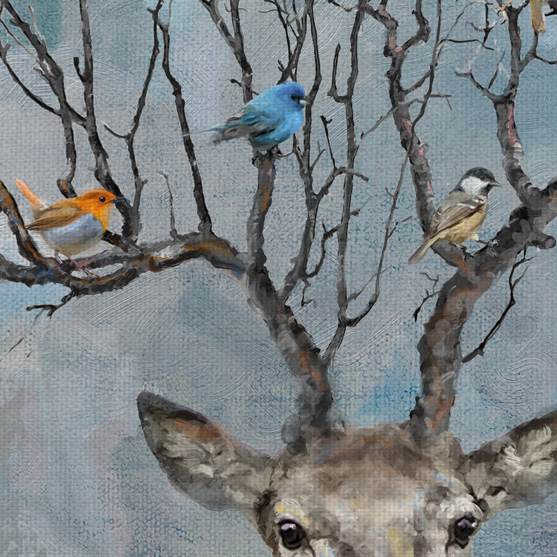«Nearest & Dearest» par Studio Arts - impression d'art sur toile, cerf avec oiseaux, H 35 po x l 35 po x P 1,5 po