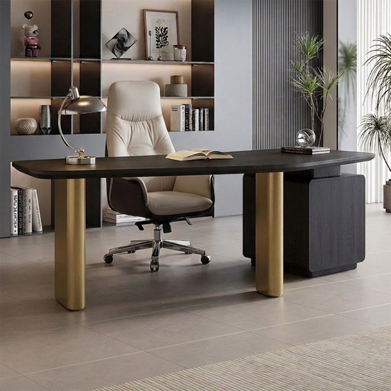 Bureau en bois manufacturé courbé noir et bronze avec 3 tiroirs, 29.53" H x 78.74" W x 27.56" D
