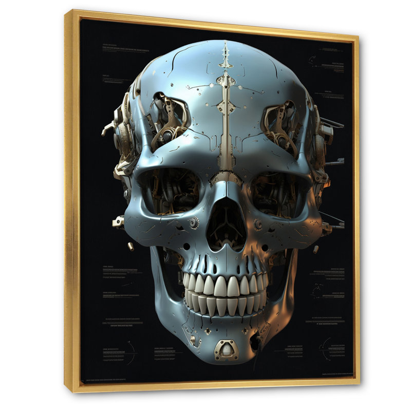 Reproduction d'art sur toile, "Happy Cyborg Skull Funky Halloween I", Cadre flottant doré, H 32 po x l 16 po x P 1 po