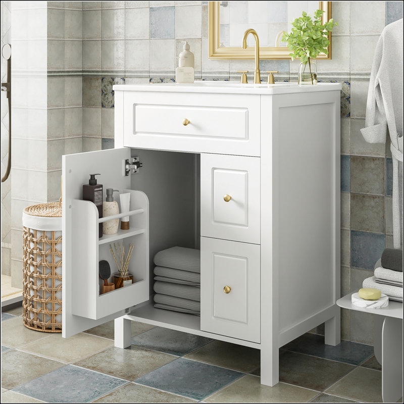 Meuble-lavabo de 24 pouces avec lavabo en céramique, tiroirs à fermeture en douceur et supports de rangement doubles pour une organisation efficace