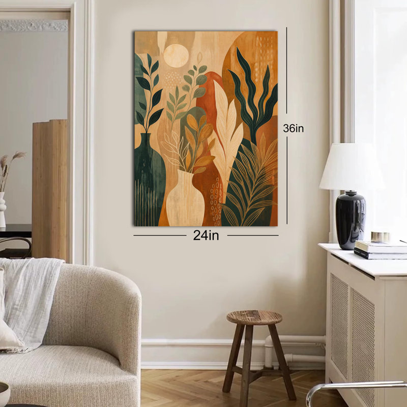 Vase abstrait vertical bohème avec plantes, soleil, terre cuite, turquoise, art linéaire sur toile, décoration moderne du milieu du siècle