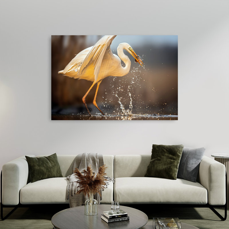 Egret Catches Fish Serene Contemporary Bird Fish Nature Wildlife Wall Art Print 1 Piece Wrapped Canvas Wall Art