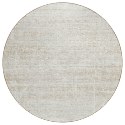 8' Ivory Beige And Tan Round Abstract Washable Indoor Outdoor Area Rug