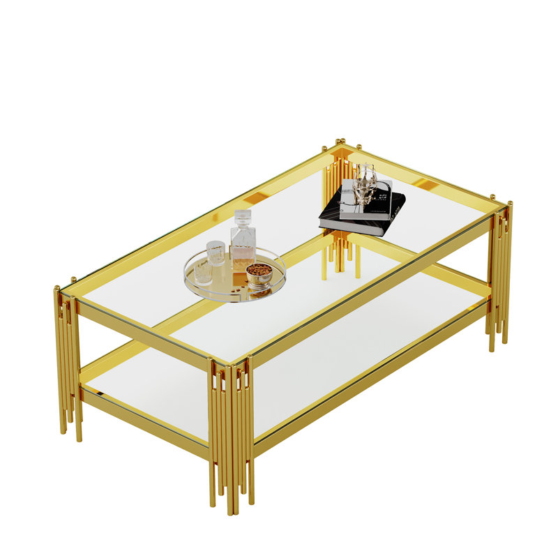 Table basse à double couche en verre trempé, structure en métal doré, capacité de rangement supplémentaire, facile à nettoyer, méthode d'installation simple