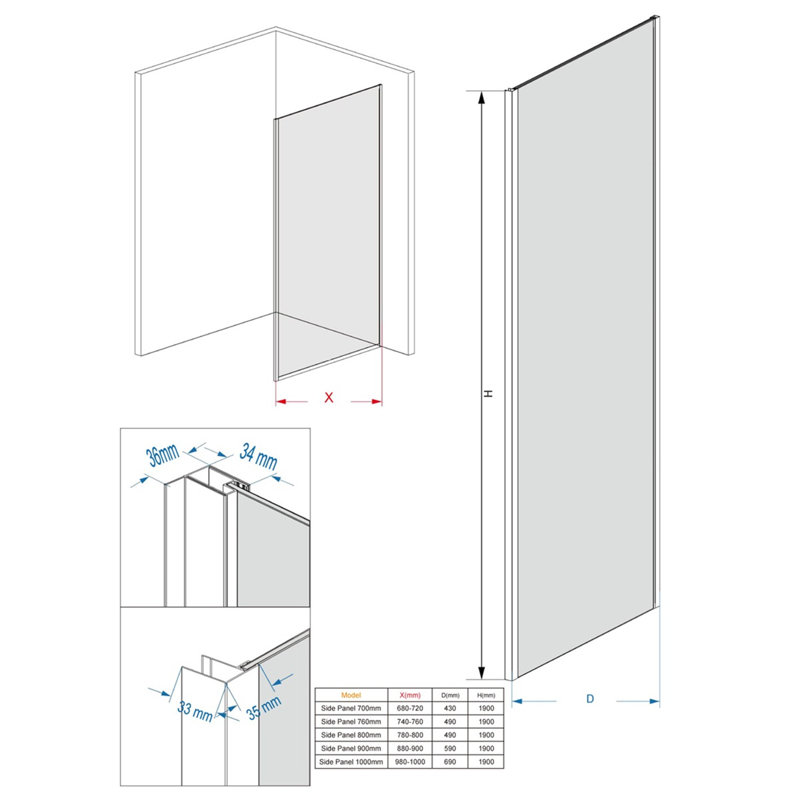 Shavae Bathroom Shower Enclosure Cubicle Sliding Door with 760mm Side Panel Screen - 1900 x 1200 mm, Black