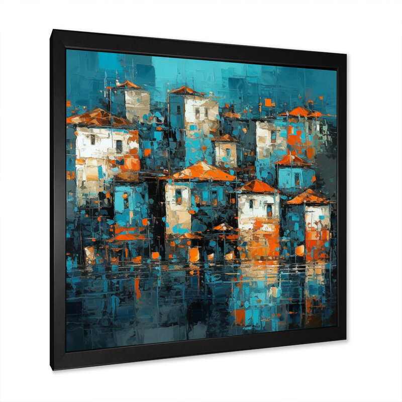 "Blue and Yellow Art Deco Cityscapes UnveILE III", reproduction d'art sur toile, H 16 po x l 16 po x P 1 po, Cadre photo noir