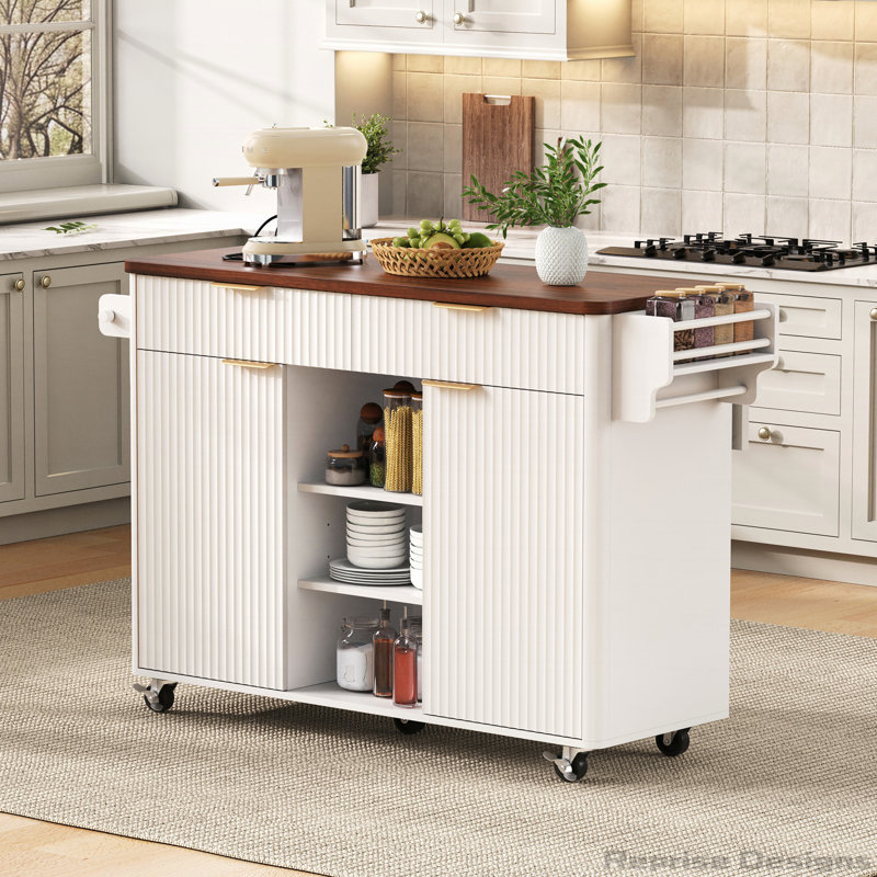 K&K 52" Fluted Kitchen Island with Drop Leaf, Power Outlet,  Kitchen Storage Cart with Adjustable Shelves, 2 Doors and 2 Drawers, Rolling Island Table with Faux Marble Top for Kitchen