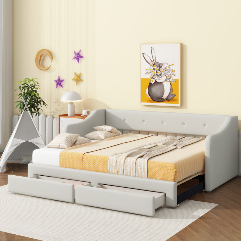 Upholstered Daybed With Extendable Design, Beige