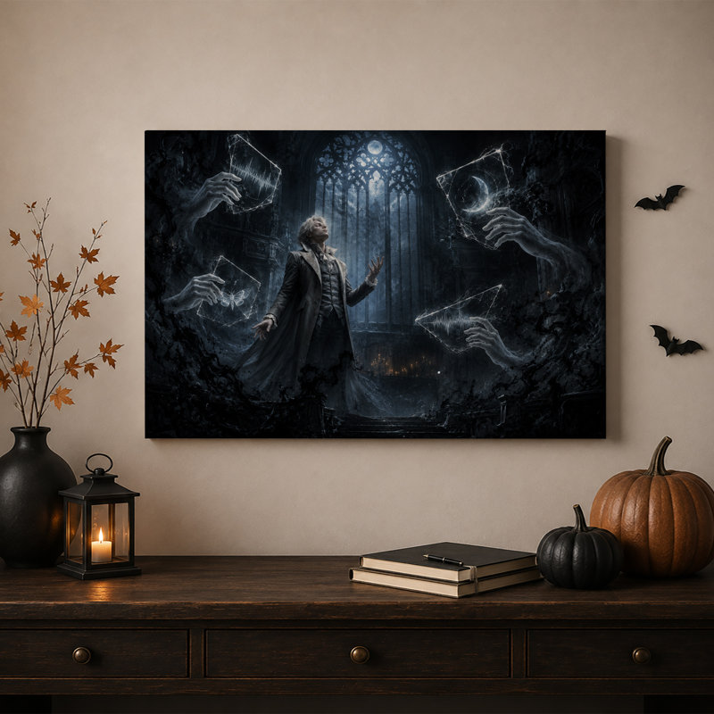 Tableau mural sur toile représentant un homme en manteau illuminé de bleu avec des mains fantomatiques, idéal pour l'Halloween