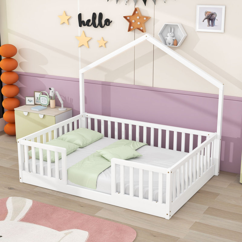 Wood Montessori Bed with Rails and Built-in LED Light, Full, White