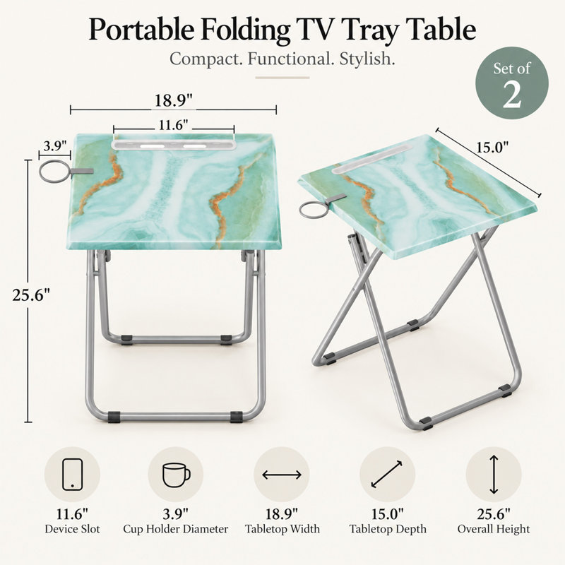 Ensemble de 2 plateaux-repas pliables pour téléviseur avec porte-gobelet et fente pour appareil.
