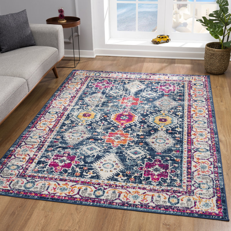 Tapis bleu marine à motif abstrait Kymiere, Rectangle 7 pi 9 po x 10 pi 9 po