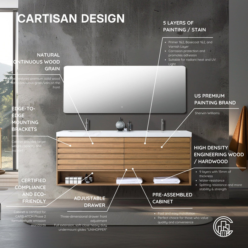 Matera 72" W Double Vanity, Pecan Oak, White