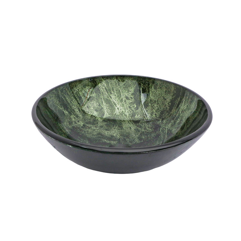 Artistic Tempered Glass Vessel Bathroom Sink With Black Faucet And Pop-Up Drain, Elegant Green Marble Texture | Gift Idea