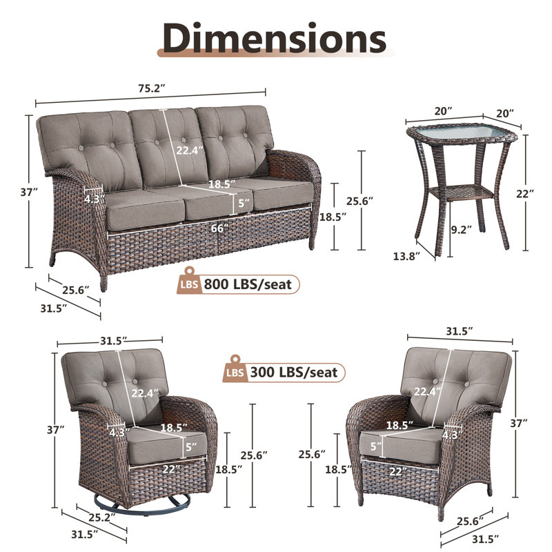 Agnes 7 Person Outdoor Wicker Patio Conversation Furniture With T-Back Cushions, Gray