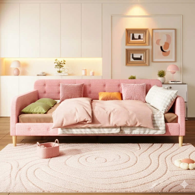 Queen-Size Upholstered Daybed Supported By 4 Legs. Rubine Color.