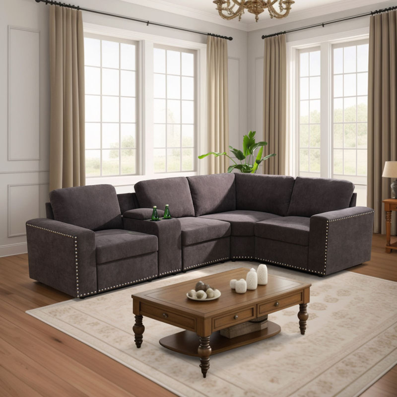 8-Piece Fabric  Living Room Sectonal With Ottoman,And Storage Console, Brown, 33" H x 135" W x 31.5" D