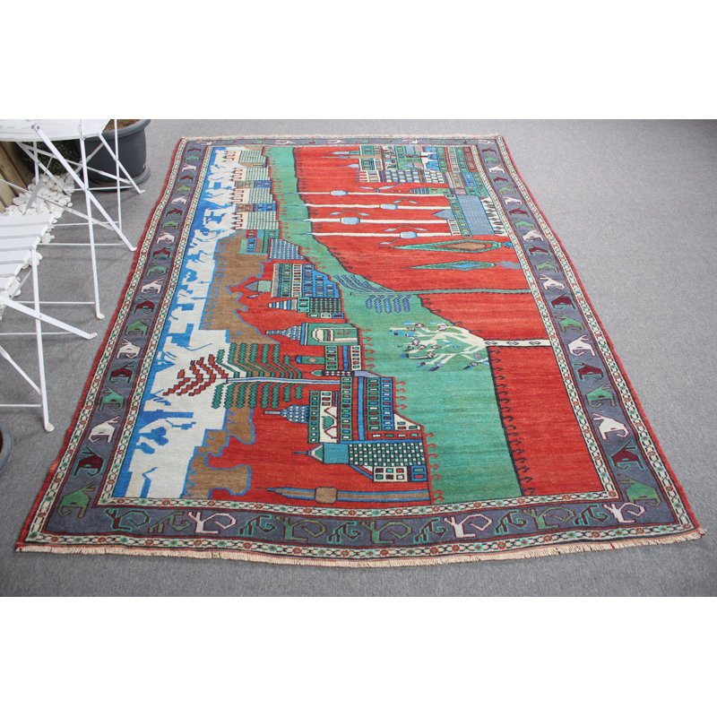 Grand tapis turc vintage en laine Oushak rouge pour décoration de cuisine ou suspension murale