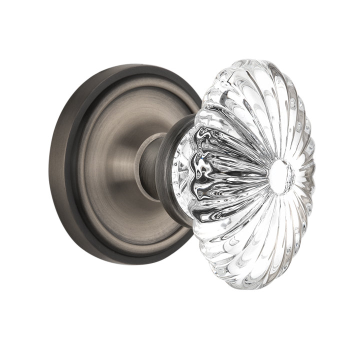 Classic Rosette with Oval Fluted Crystal Door Knob, Antique Pewter
