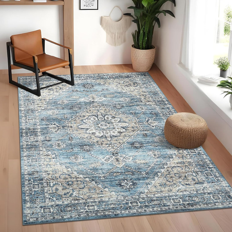 Washable Rugs Area Rugs for Living Room, Vintage Blue Floral Bedroom Rugs Indoor Accent Large Carpet Table Soft Non Slip Retro Floor Cover