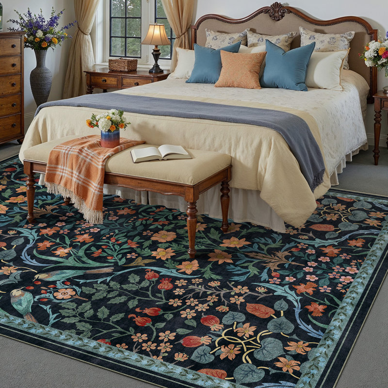 Tapis floral lavable en machine avec envers antidérapant Guston, Rectangulaire 8 pi x 10 pi, Bleu