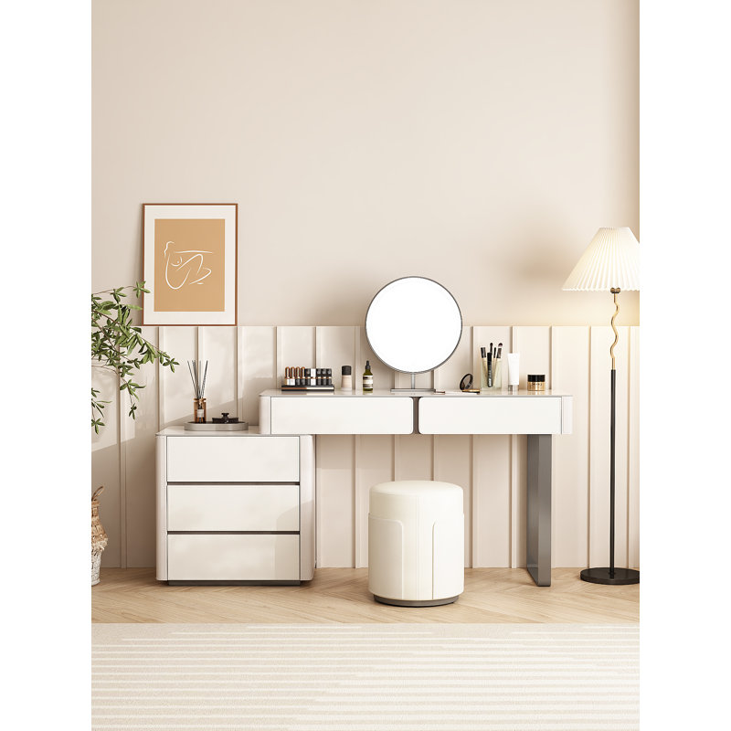Ensemble de coiffeuse moderne avec miroir et tabouret à DEL, ensemble de bureau de maquillage en cuir de selle, acier inoxydable, panneau de roche, tiroirs de rangement pour la coiffeuse de la chambre à coucher
