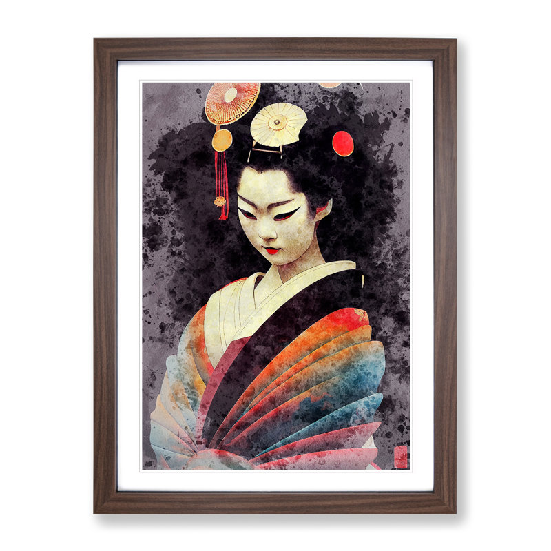 Geisha Watercolour No.1 - Single Picture Frame Painting, 64cm H x 46cm W x 2cm D, Walnut