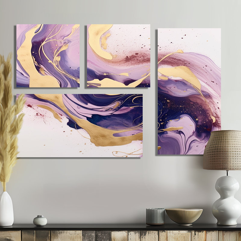 Mauve et doré I - Impressions d'art moderne sur toile 4 pièces, Impression encadrée sans passe-partout, Noir