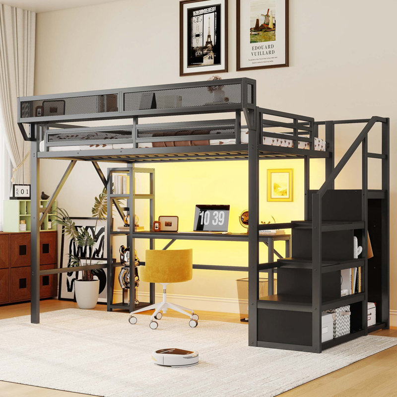 Lit mezzanine double en métal avec station de charge et éclairage à DEL RVB pour les adolescents, Noir