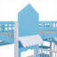 Lit double superposé double en bois massif de style château, bleu doux avec glissade, 2 tiroirs et 3 tablettes
