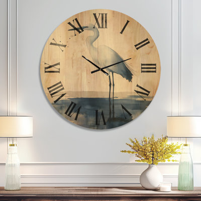 Blue Wading Egret - Coastal Round Wall Clock, Printed on Solid Wood