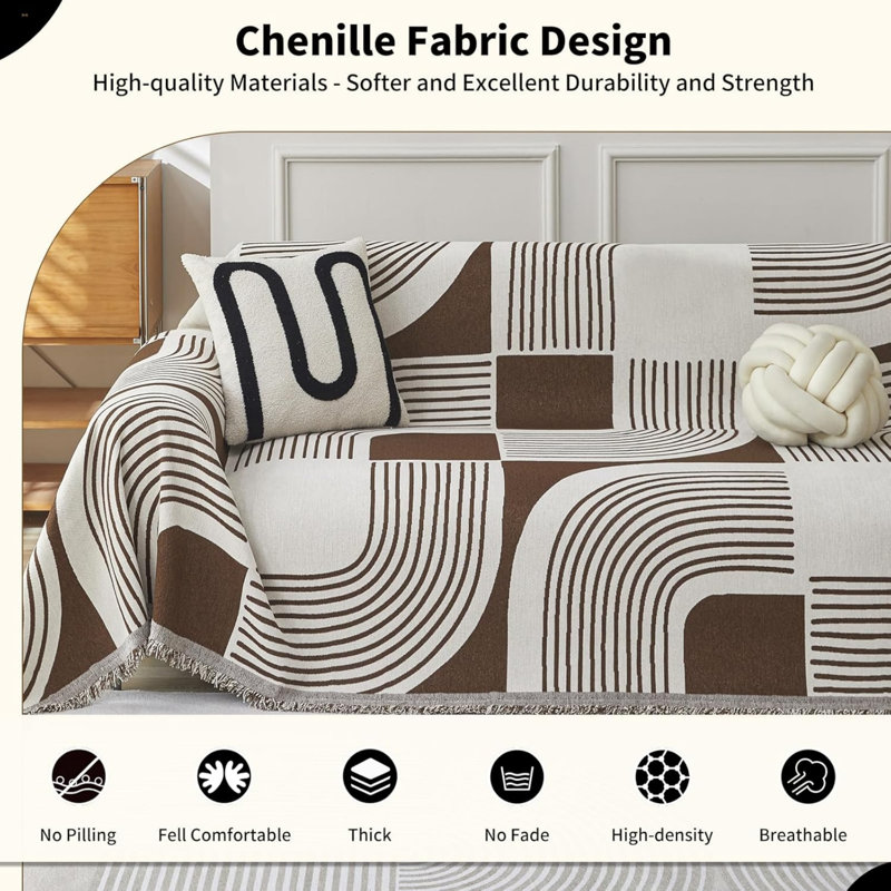 Box Cushion Sofa Slipcover, Brown/White Geometric