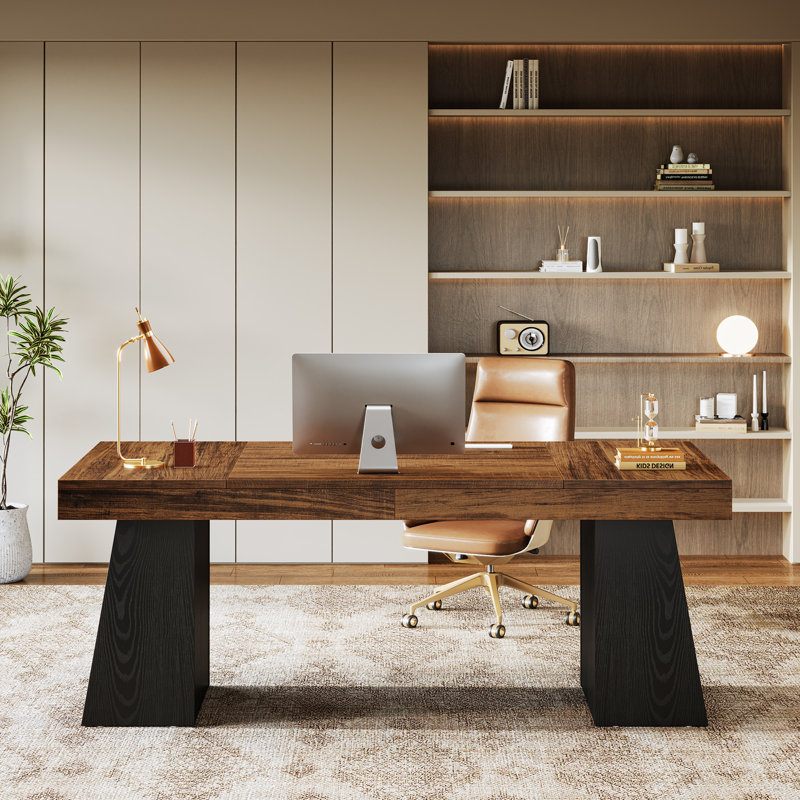 55" Modern Executive Desk, Wooden Office Computer Desk Conference Table with Double Pedestal for Home Office, Brown/Black