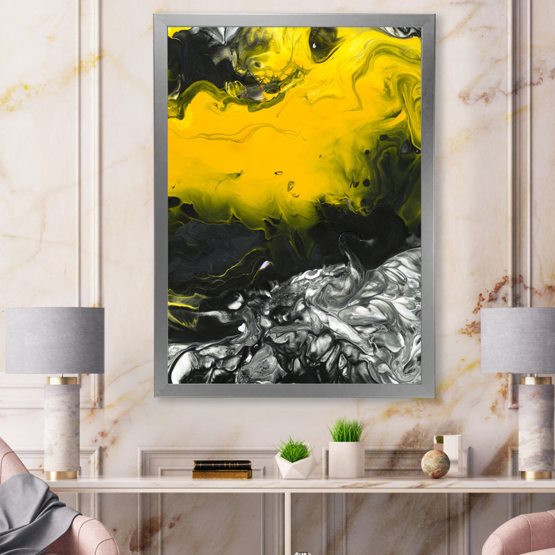 Jaune jaune, noir et blanc, art liquide - peinture sur toile, H 44 po x l 34 po x P 1,5 po, Cadre de coin argenté fermé