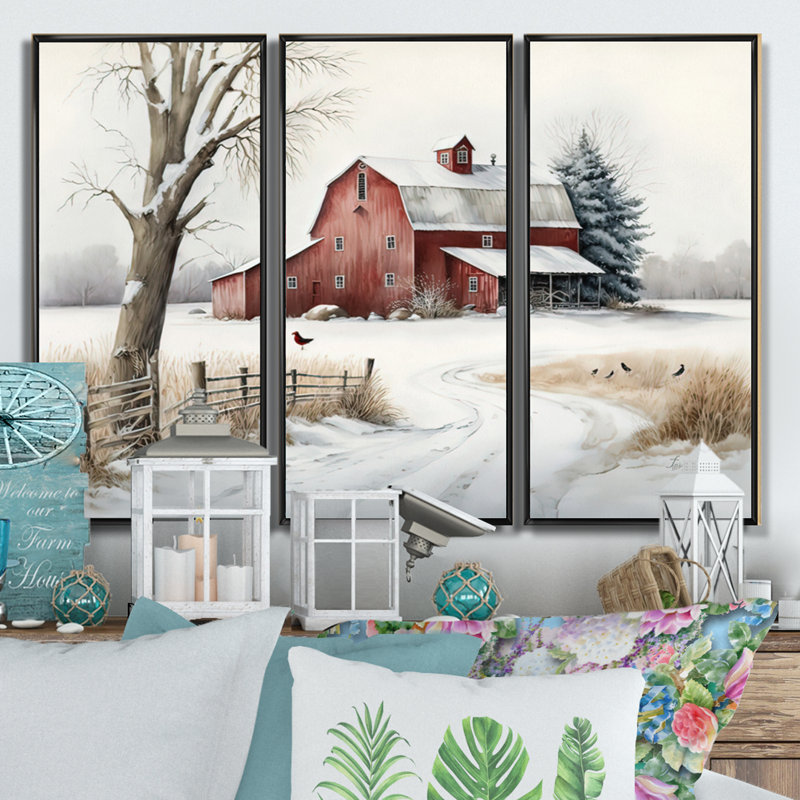 Calm Red Barn In Winter III - 3 pièces sur toile, Cadre flottant noir, H 28 po x l 36 po