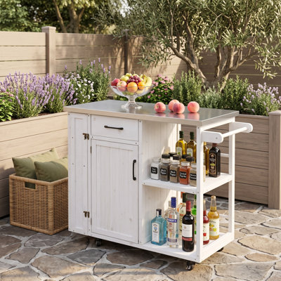 Chariot pour îlot de cuisine extérieur avec plan de travail en acier inoxydable, roues verrouillables, tiroir, armoire et tablettes ouvertes