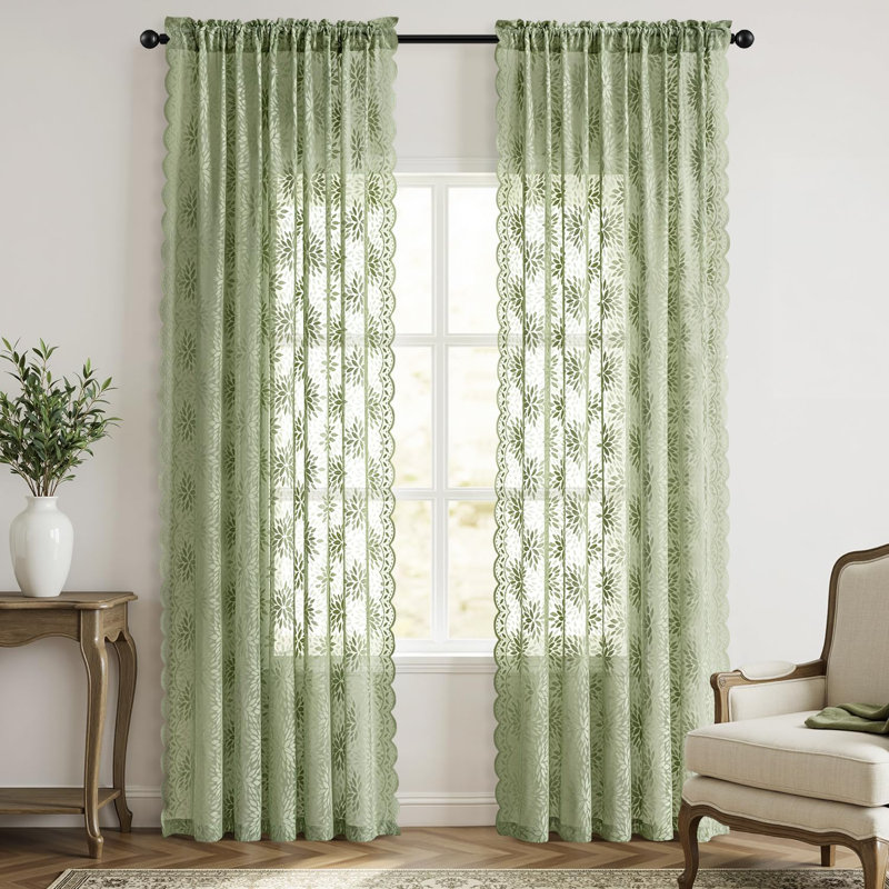 Vintage Floral Lace Semi-Sheer Curtains, Sage Green, 52" W x 84" L