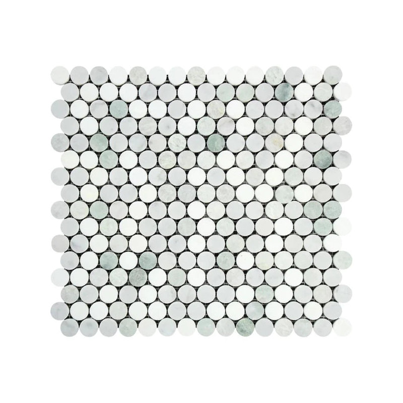 Thassos White Marble Penny-Round Mosaic Tile Polished, White/Mint Green/Blue