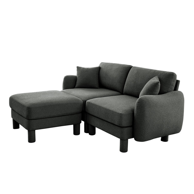 Boucle Fabric Sectional 2Seater Loveseat Sofa Couch With Distinctive Shellshaped Armrests And Removable Ottoman,Cylindrical Legs Wrapped With Selffabric,Dark Grey  Color